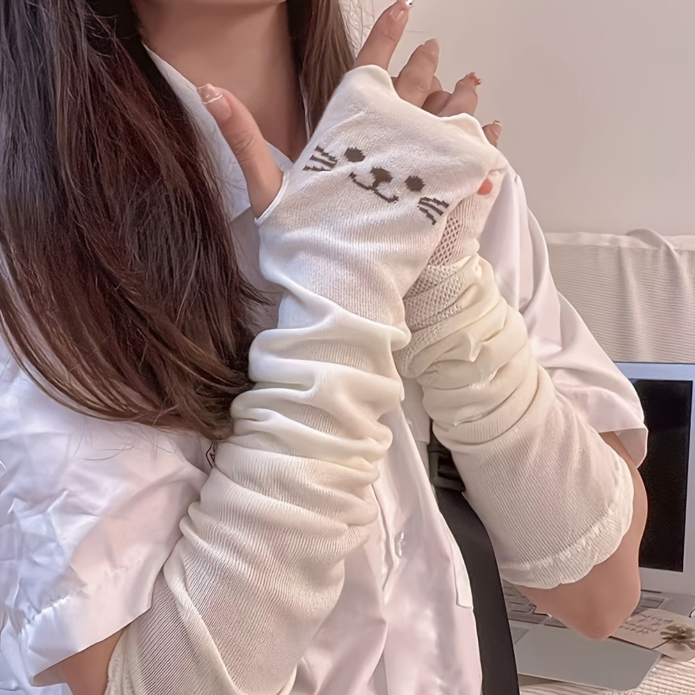 1 Pair Cute Cat Print Arm Cove - Fingerless Glove Knit avis et prix