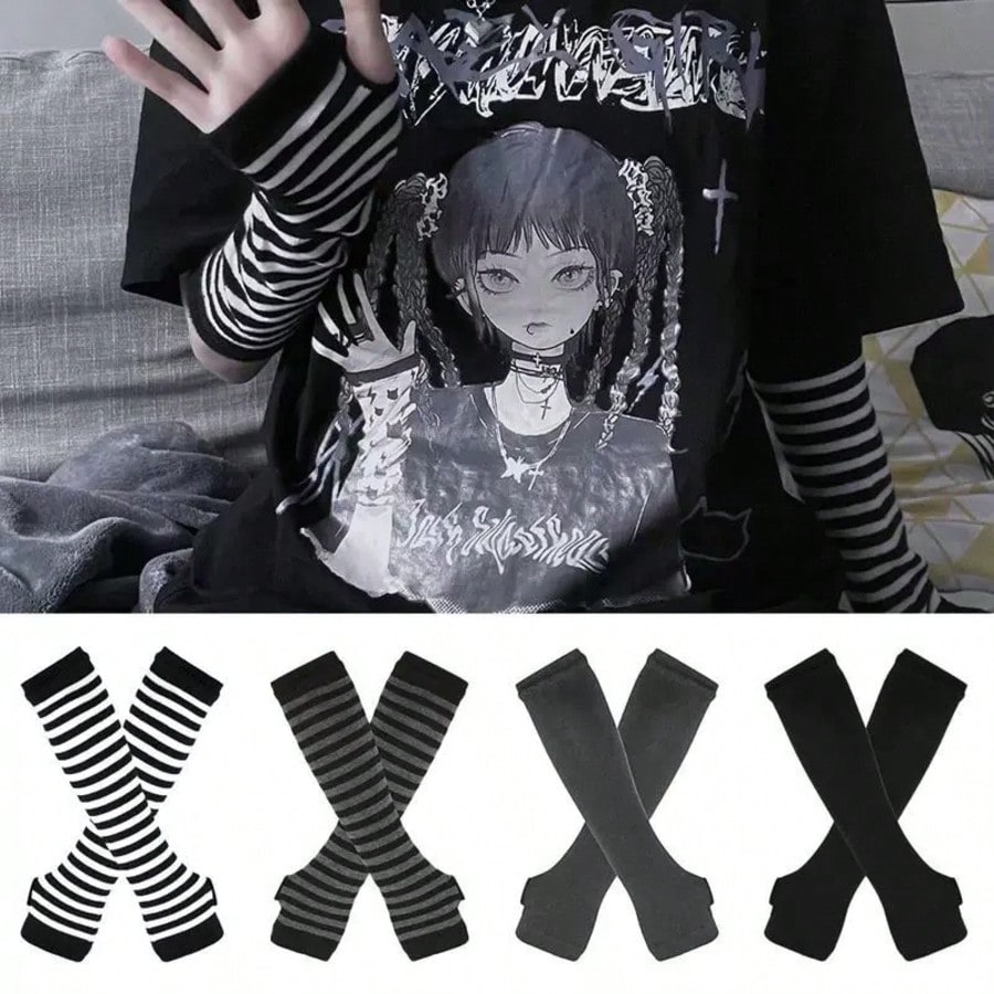 1 Pair Y2K Punk Striped Knitte - Fingerless Glove Knit avis et prix